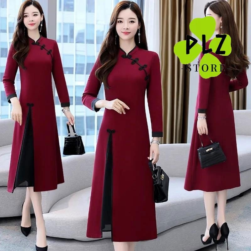 Cheongsam Women cheongsam dress New Year dress dress New Year dress New Year dress cheongsam dress Improved Version dress 2024 New Year dress chinese dress New Year dress Large Size cheongsam cheongsam dress Mid-Length Over-the-Knee Long-Sleeved dress Spr