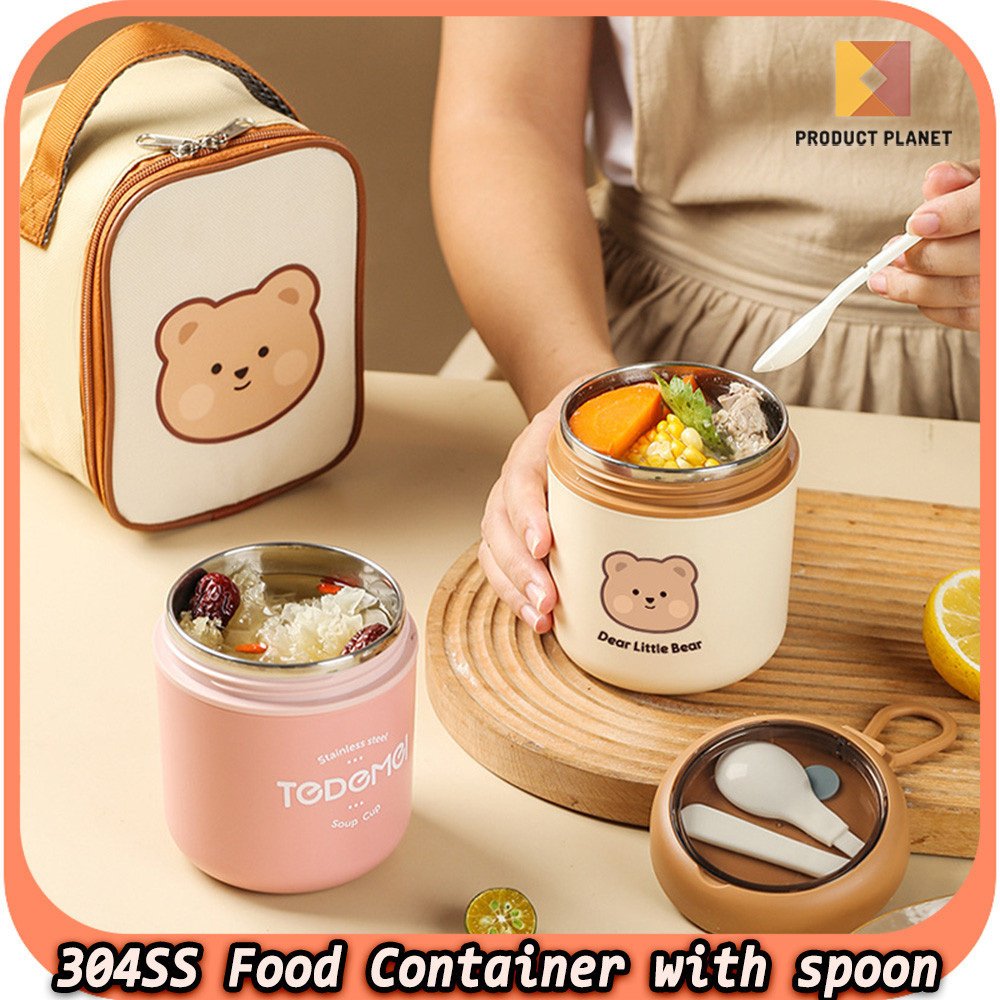 530ML Cute Thermos Flask Soup Container Porridge Warmer Food Container 304 Stainless Steel Lunch Box With Spoon 小熊汤杯保温汤杯