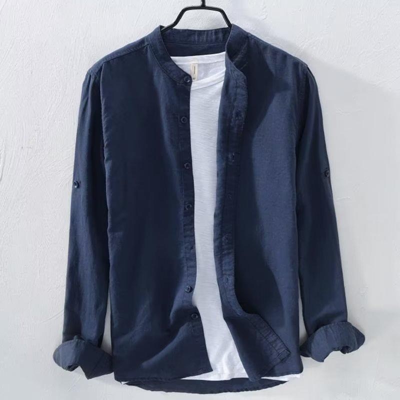 Korean-style loose-fitting men's long-sleeved shirt, casual and versatile, available in pure white, gray, light blue, dark blue, and khaki. Sizes: M-3XL.