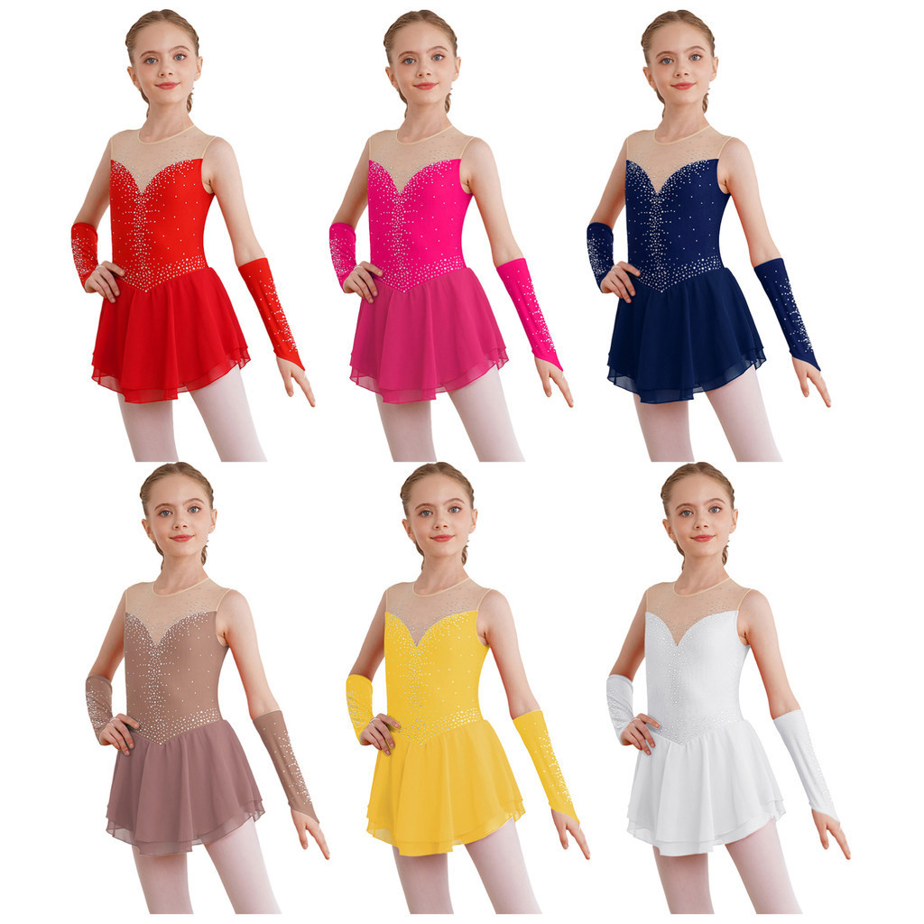 Yeahdor Kids Girls Figure Skating Stage Performance Outfit Glittering Rhinestone Keyhole Back Sleeveless Dance Dress with Gloves