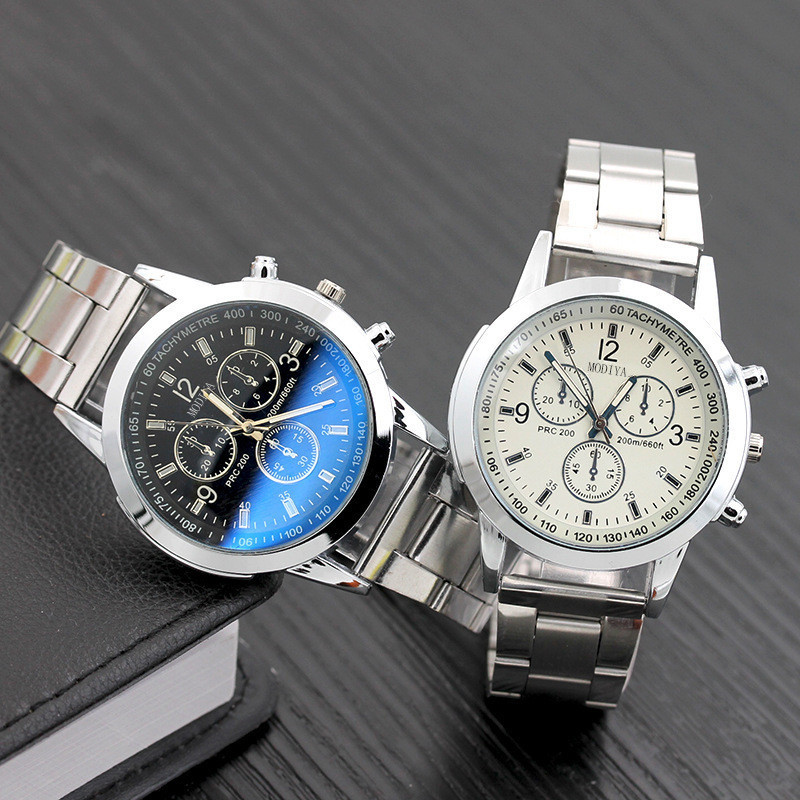 Modiya Blue Glass Decoration Three-Eye Steel Band Watch Fashion Male Female Student Watch Men's Watch Fashion Quartz Watch Watch Steel Strap Watch Waterproof Watch Large Digital Dial Watch Luxury Design Watch Strap Calendar Luminous Pointer Watch