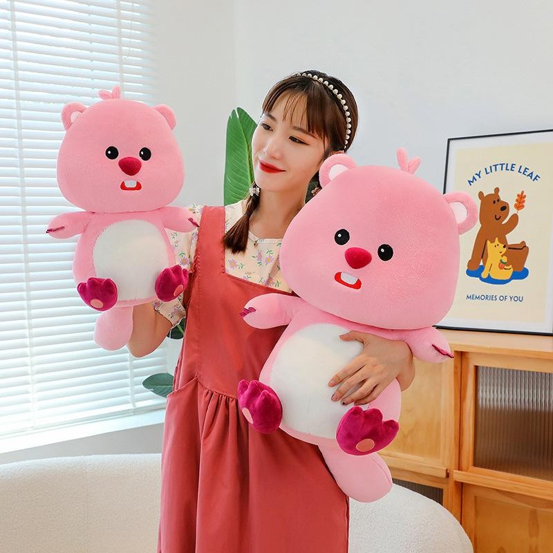 Kawaii Cartoon Loopy Pororo Loopy Pink Little Beaver Plush Toy Cute Anime Girl Sleeping Pillow Soft Skin-friendly Children Doll Birthday Gift for Kids