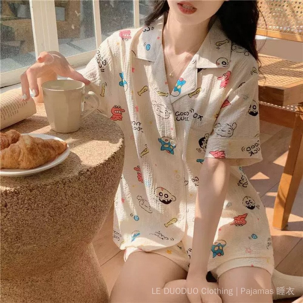 Ready stock pyjamas women baju tidur Piyama perempuan baju tidur musim panas wanita viral Women's Cotton Pajamas Summer New lapel Short-Sleeved Shorts Two-Piece Home Wear Breathable Comfortable Girls'