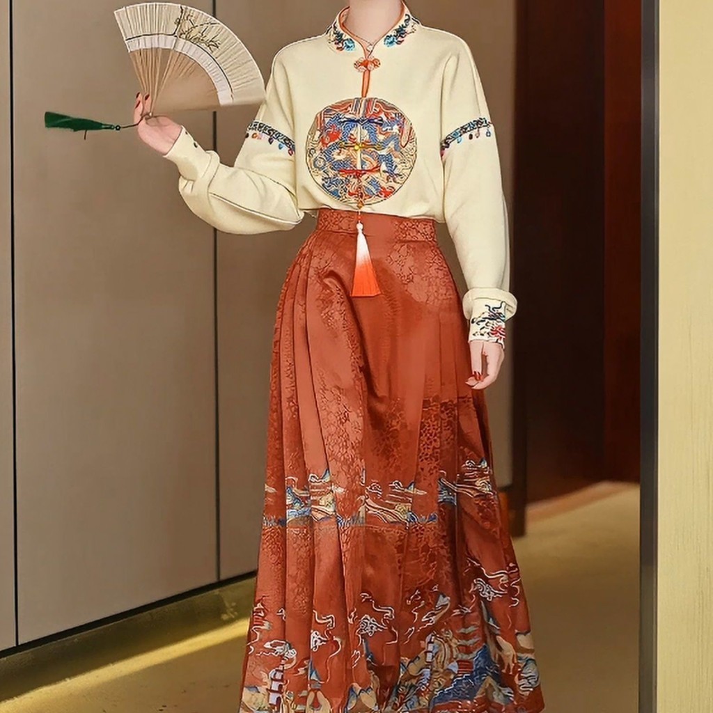 For Former Orange Brocade!New Chinese Style Embroidered Shirt Horse Face Skirt Two-Piece Suit Fringed Design Sense Chinese Style Suit Women