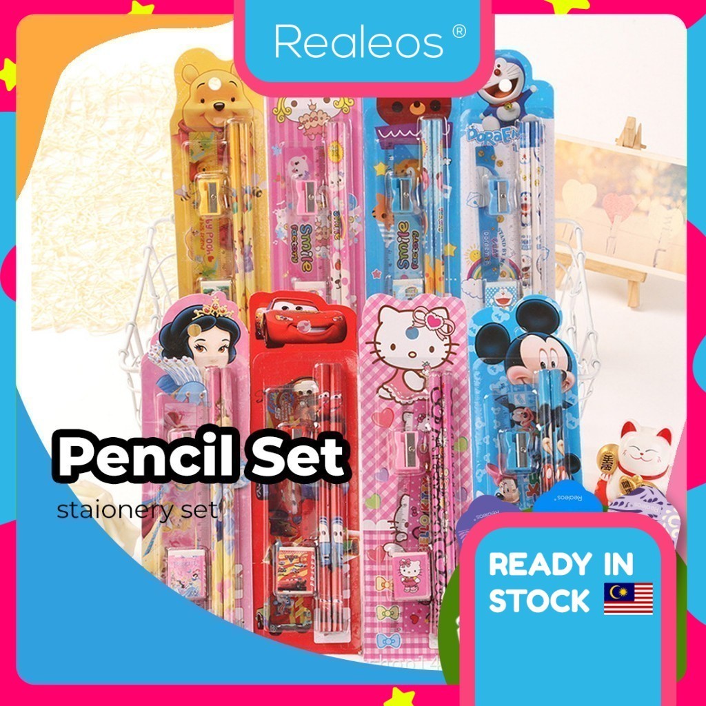 Realeos 5 in 1 Kids Student Cartoon School Stationery Study Stationary Alat Tulis Pencil Door Birthday Gift Set - AT009