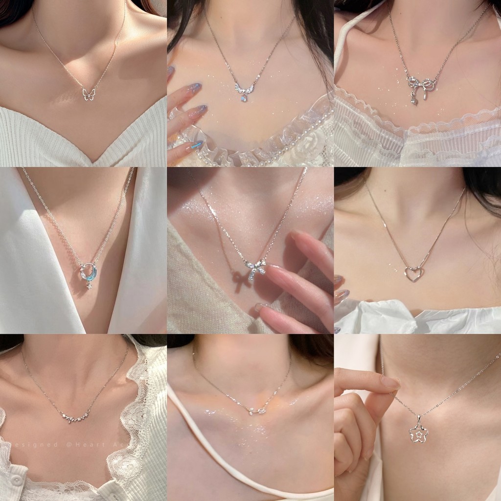 17KM Elegant Crystal Bow Butterfly Necklace Zircon Heart Silver Chain Choker for Women Jewelry Accessories