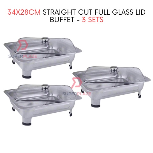 3 Sets 34x28cm Glass Lid Stainless Steel Buffet Set Catering Serving Tray Food Pan Warmer