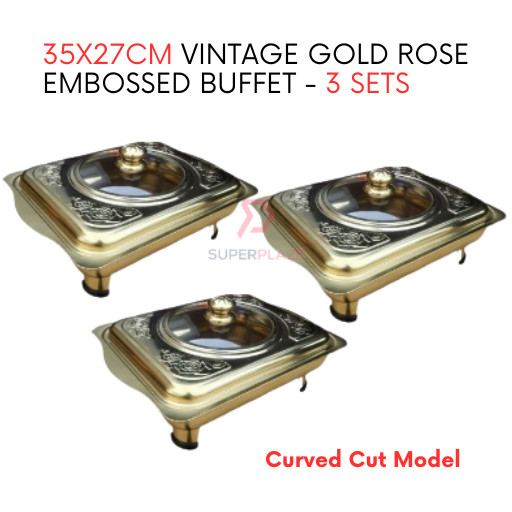 3 Sets 35x27cm Vintage Gold Rose Embossed Buffet Set Serving Dishes Curve Cut Catering Food Pan Tray