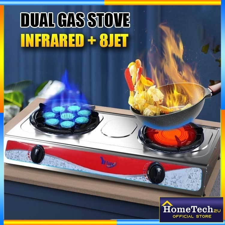 Yelux Dual Gas Stove Stainless Steel Infrared Burner 8 Jet Head Nozzle LPG Cooktop Dapur Gas