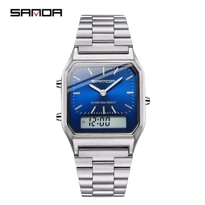 SANDA P747 Waterproof Sports Quartz Watch Luxury Mens Style Watches Stainless Steel Women LED Digital Dual Display Clock Unisex