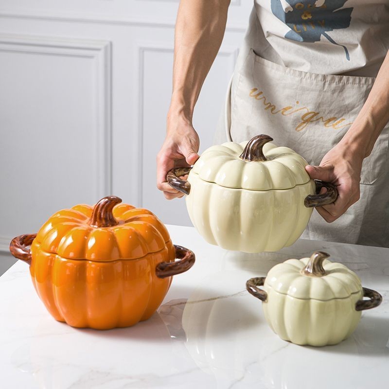 Nordic Ceramic Pumpkin Binaural Soup Bowl Large Capacity Household Soup Instant Noodle Bowl with Lid Eat River Snail Rice Noodle Bowl Internet Celebrity/Pumpkin Ceramic Steamed Egg Custard Bowl with Lid Small Soup Cup