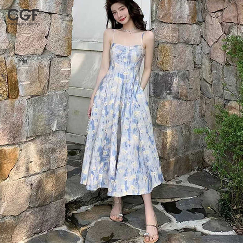 Blue oil painting long skirt, beach skirt, floral suspender dress, female