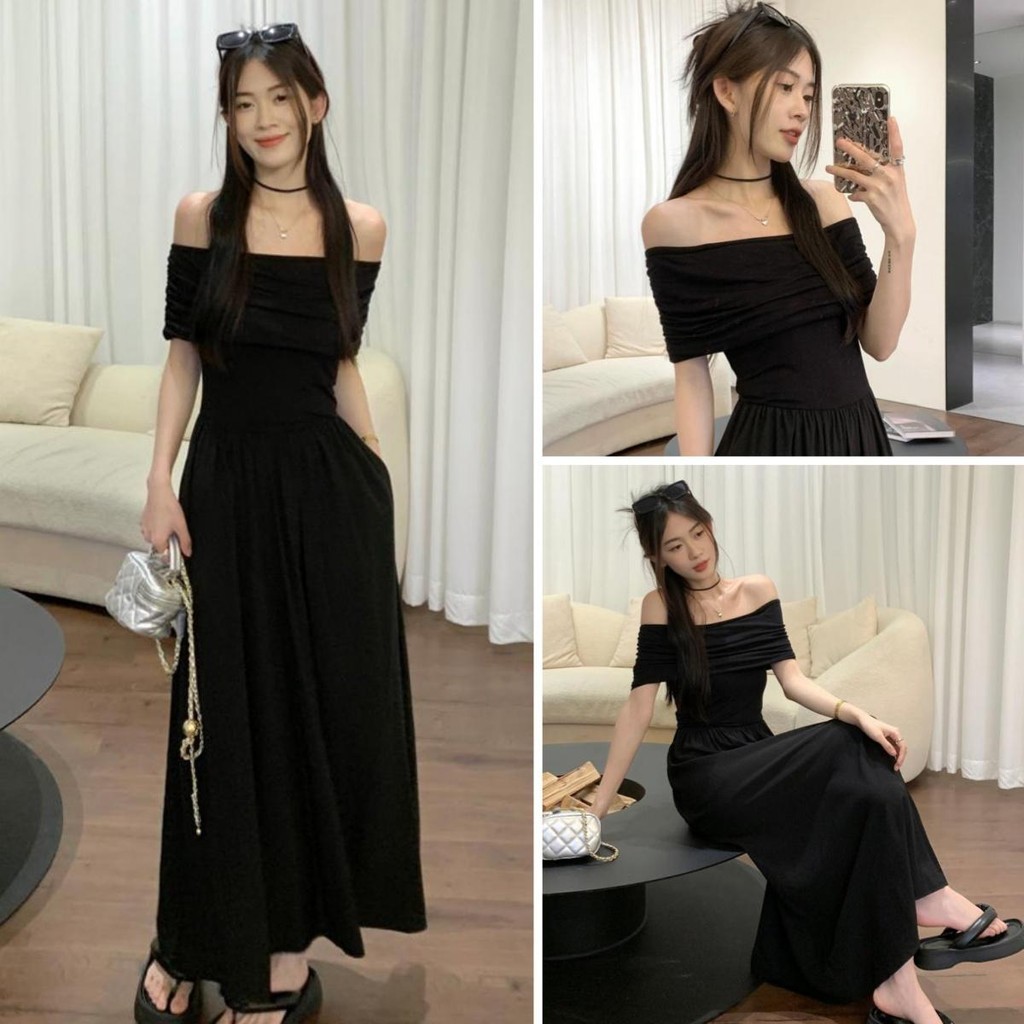 cherryshop Dress Long Cute Black Off-Shoulder Sexy A-Line Skirt Short Sleeves Western Style Join The Gala Event
