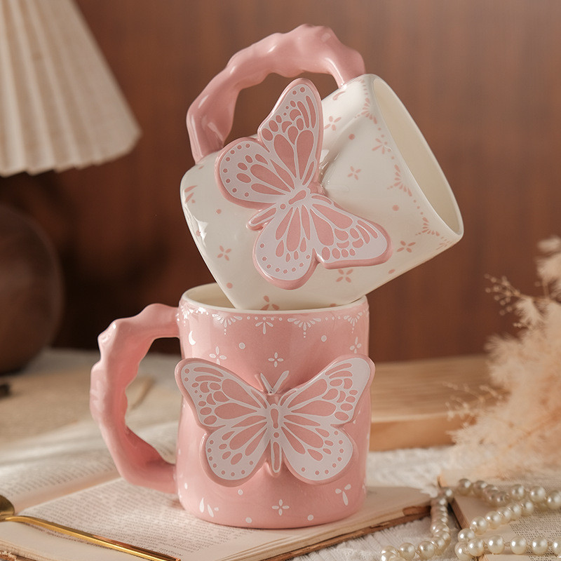 ❤Molly Preferred Pink Three-dimensional Butterfly Mug High-value Ceramic Mug Creative Coffee Mug Cute Mug Milk Mug Breakfast Mug Microwave Available