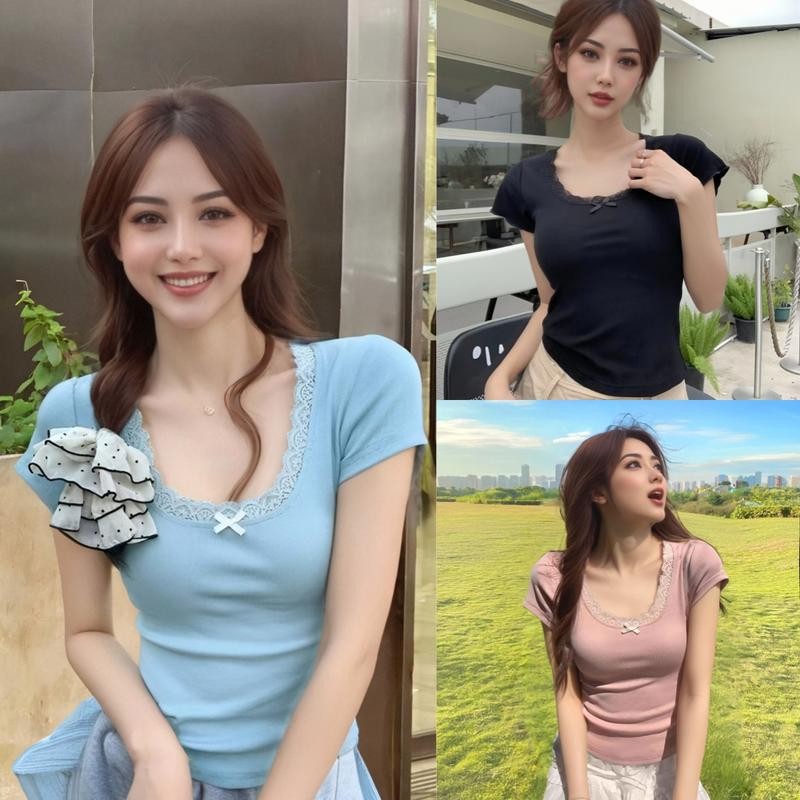 Short-Sleeved T-Shirt With Bow Tie Pink Lace Pattern For Sweet Girls Cute Design Comfortable To Wear Suitable Daily Women's Clothing