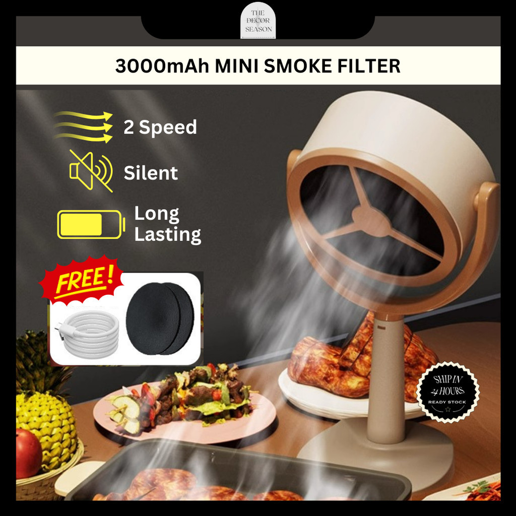 3000mAh Desktop Range Hood Mini Portable Smoke Filter Fan Kipas Angin Kuat Kipas Minyak Dapur Barbeque Carbon Filter