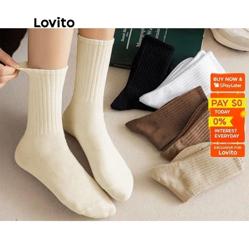 Lovito Casual Plain Soft Moisture-wicking Athletic Crew Socks for Women L8LD087 (White/Off White/Khaki/Brown/Black) Lovito Kaos Kaki Kru Atletik Menyerap Kelembapan Lembut Polos Kasual untuk Wanita L8LD087 (Putih/Putih Pudar/Khaki/Coklat/Hitam)