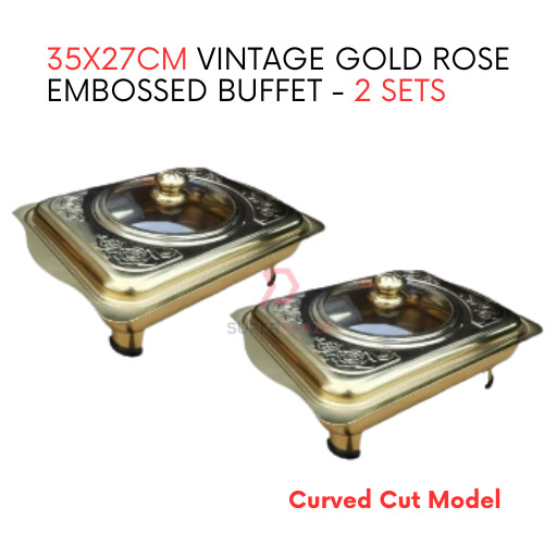 2 Sets 35x27cm Vintage Gold Rose Embossed Buffet Set Serving Dishes Curve Cut Catering Food Pan Tray