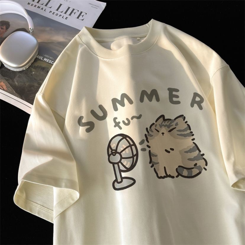 Summer Cartoon Cute Fan Little Cat Sweet Printed Short Sleeve T-shirt Women's Loose Leisure Youth Student Half Sleeve Soft Bottom Oversized Shirt Top