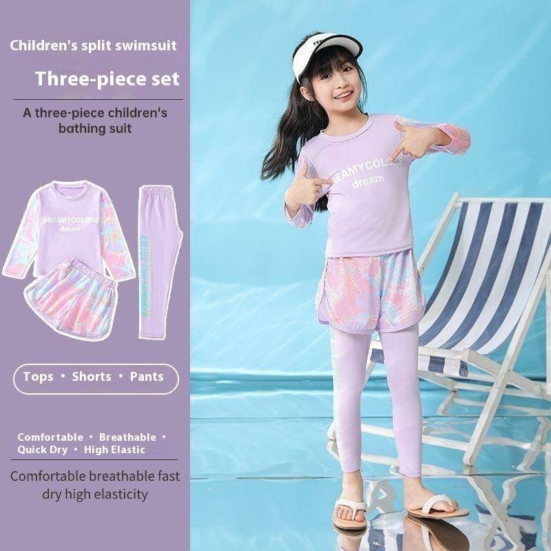 [Instant release in stocks]Swimsuit Kids Girl 3 Pieces,Swimming Suit Kids Girl Long Sleeve Long Pants, Comfortable Breathable Swimsuit Kids ,Eco-friendly Printing Swimwear Kids, Quick-Drying Beach Wear Kids,Fashion Casual Bathing Suit Kids