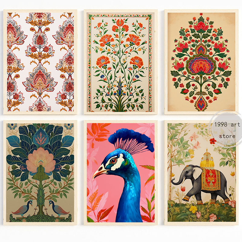 Vintage Indian Bohemian Folk Floral Birds Animal Art Poster Canvas Painting Wall Prints Picture for Living Room Home Decor