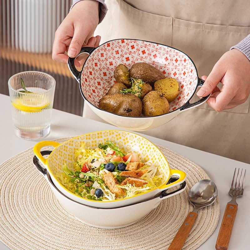 9.5 inch Ceramic Salad Bowl Double Ears Noodle Bowl Ramen Bowl Soup Bowl Fruit Bowl Breakfast Bowl Oatmeal Bowl Roasted Bowl