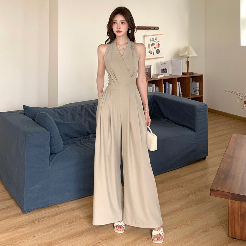 Women Summer Casual V-neck Sleeveles Collect Waist Slim Fit Wide Leg Jumpsuits
