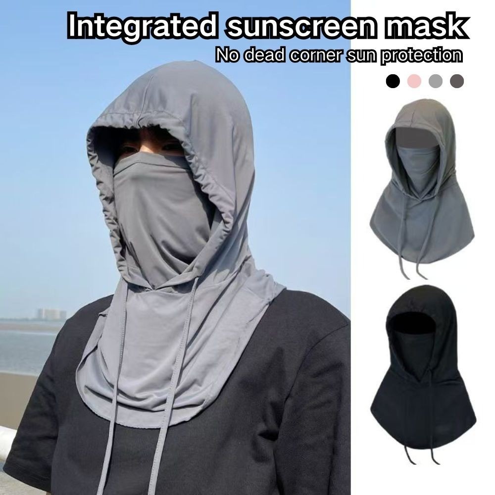Full Face Mask Sun Protection Hat Drawstring Head Ccarf Ice Silk Mask Muslin with Hoodie Neck Outdoor Thin Mask