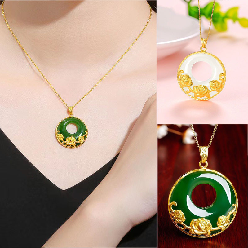 Blessed 916 Plated Gold Inlaid Jade Circular Pendant Necklace Lucky Safety Clasp Flower Necklace Gifts Emas Bangkok Cop 916 Rantai Leher