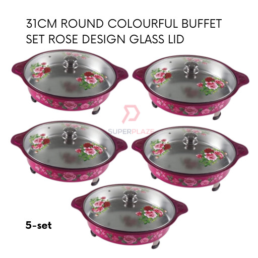 Rose Red 5 Sets 31cm Round Colorful Buffet Set Rose Design Glass Lid Food Pan Chafing Dish Tray