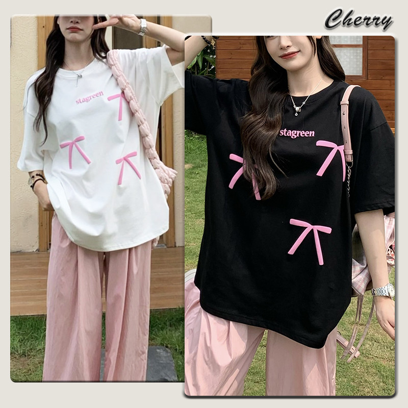 【READY STOCK】 CherryShop⭐Pink Bow Short Sleeve T-shirt Women Korean Style Loose All-match Top Baju Baggy Perempuan ootd (White/Black)
