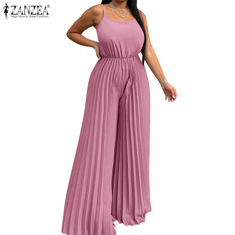 ZANZEA Women Vintage Advanced Elegant Crew Neck Ruffles Pleating Wide Leg Jumpsuits