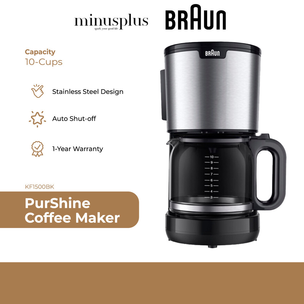 Braun (1000W) 10 Cup AromaCarafe Coffee Machine Drip (Stainless steel / Black) - KF1500BK