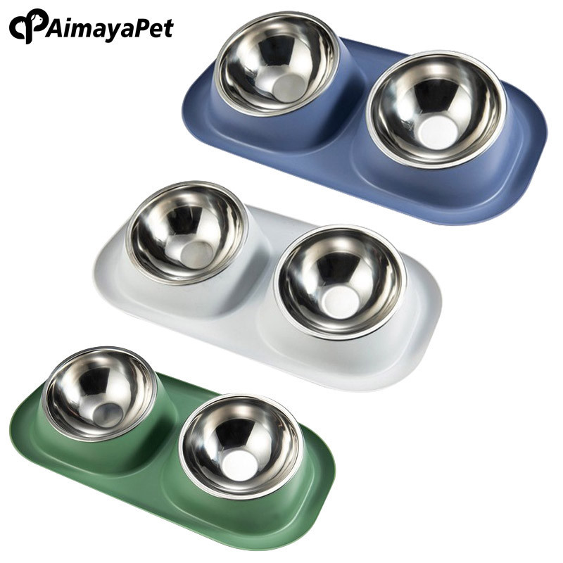 AimayaPet Pet Bowl Cat Dog Stainless Steel Double Bowl-Grey/Green/Blue(41x22x9cm)