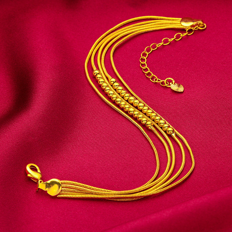 Chinese Retro Style Brass Electroplating Imitation 24K Gold Ladies Four-Line Clavicle Bracelet Love Transfer Bead Bracelet Fashionable Classy Jewelry