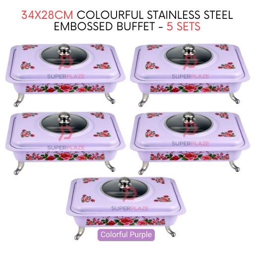 5 Sets Purple Straight 34x28cm Colorful Stainless Steel Embossed Buffet Food Pan Catering Food Serving Tray