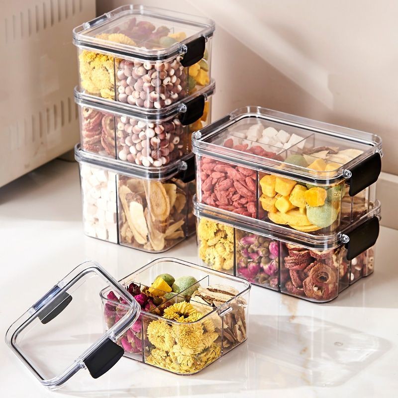 Had diskon masa[3472 People Collection] with Lid Buckle Compartments Dried Flower Tea Fruit Seasoning Storage Sealed Plastic Transparent Box Silicone Ring Sealed Jar Classification Collection