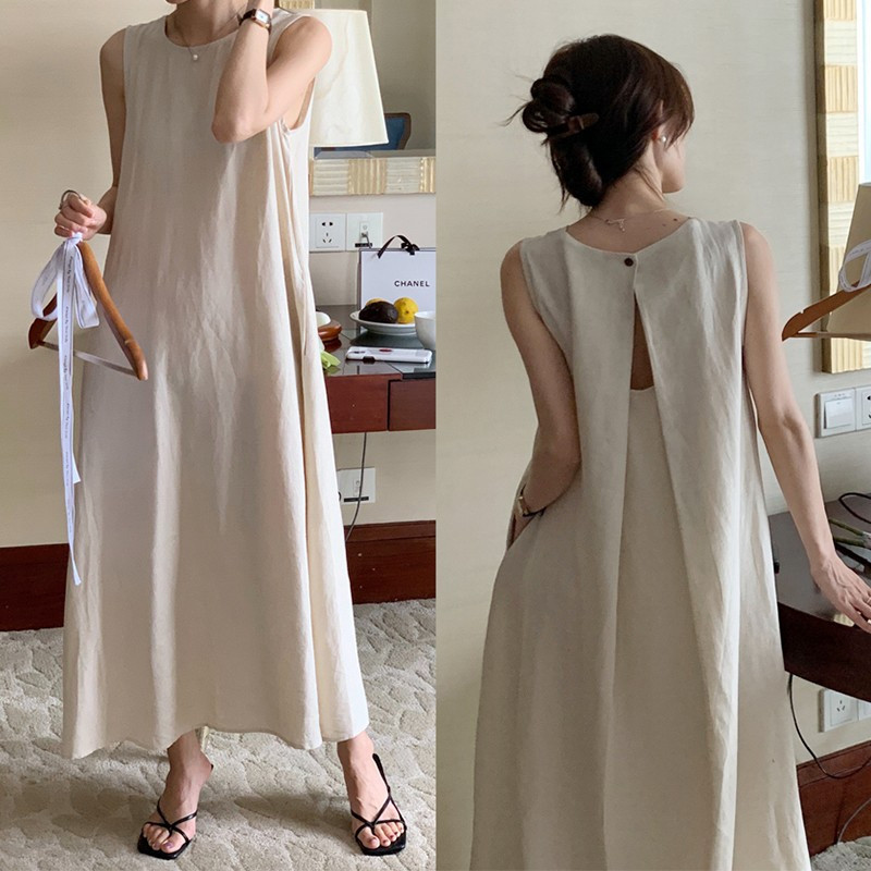 French Style Artistic Sleeveless Cotton Linen Casual Large Size Long Dress Women Solid Color Pockets Round Neck Back Hollowed Out A-line Maxi Dresses