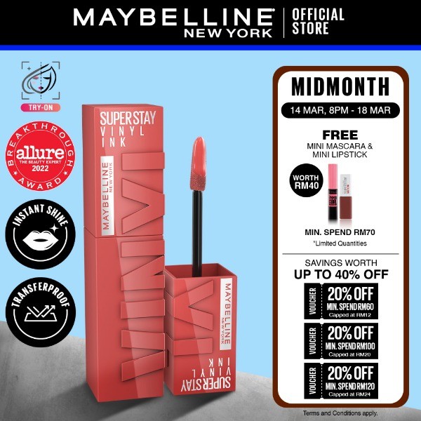 Maybelline Super Stay Vinyl Ink Transfer Proof Shine Longwear Lipstick - 16H Longwear Longlasting, Glossy, Instant Shine