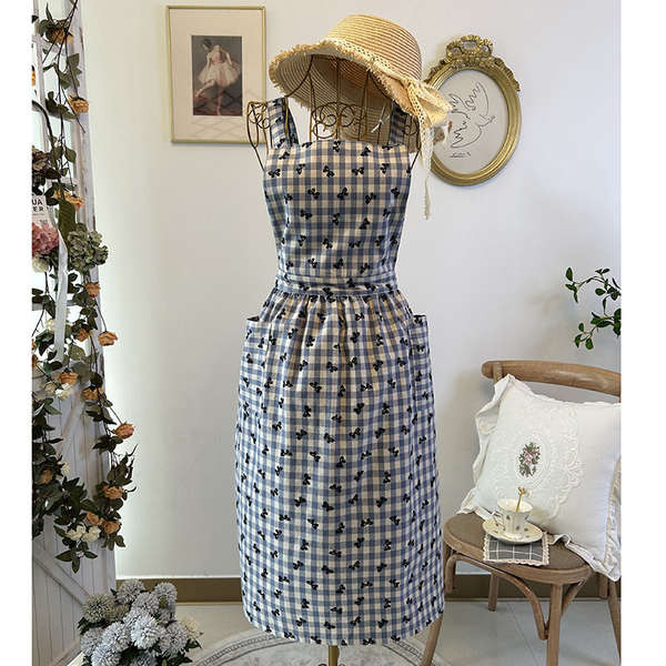 apron water proof apron kitchen apron cotton apron apron kitchen cotton Cotton Yarn-dyed Chaoyang Blue Plaid Kitchen Apron Extra Long Large Size Cotton Linen Flocking Waist Workwear with Pockets