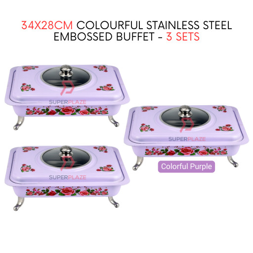 3 Sets Purple Straight 34x28cm Colorful Stainless Steel Embossed Buffet Food Pan Catering Food Serving Tray