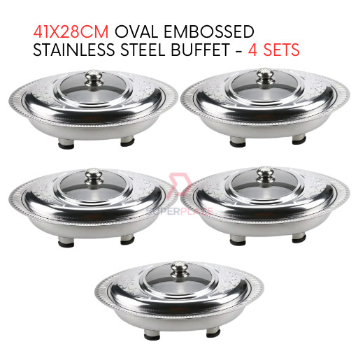 5 Sets 41x28cm Oval Cut Embossed Stainless Steel Buffet Set Catering Serving Tray Food Pan Warmer