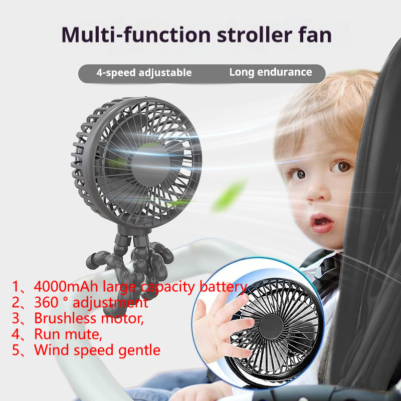 Amgras Stroller Baby Portable Mini Fan Rechargeable 9 Leds/Ultra Quiet/Flexible Tripod