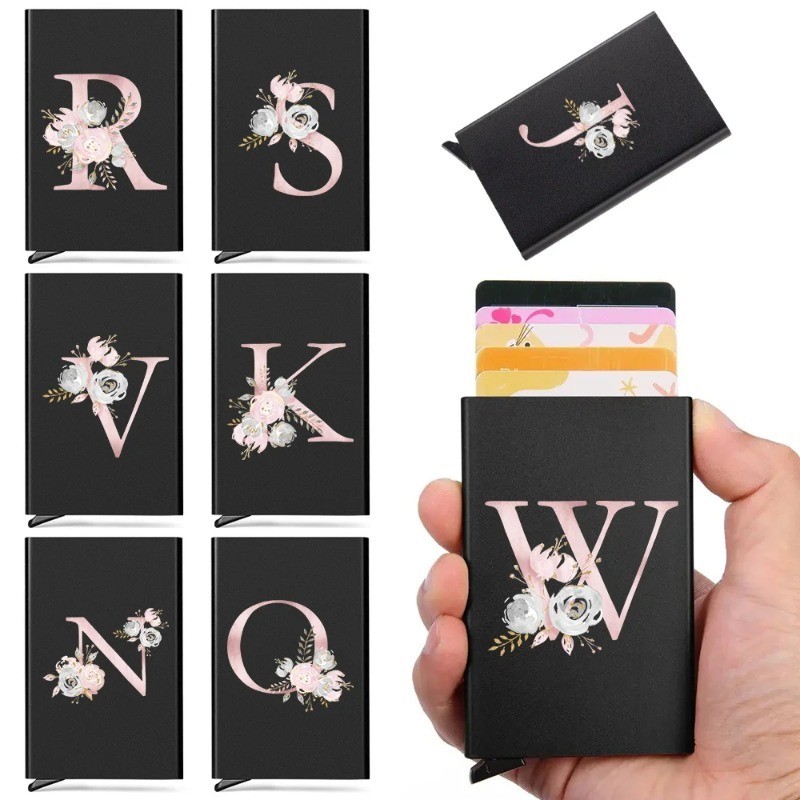 Anti-theft ID Credit Card Holder Minimalist Porte Carte Thin Aluminium Wallets Pink Flower Letter Print Bank Card Box