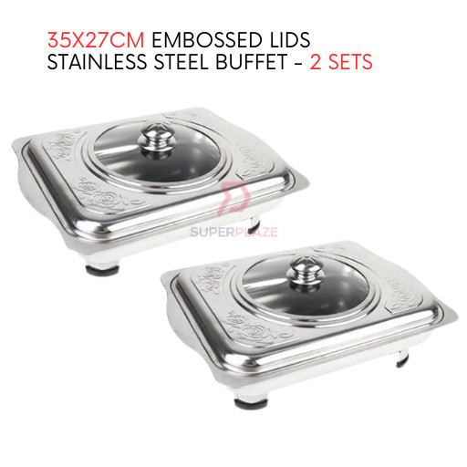 2 Sets 35x27cm Curve Cut Embossed Lids Stainless Steel Buffet Set Catering Serving Tray Food Pan