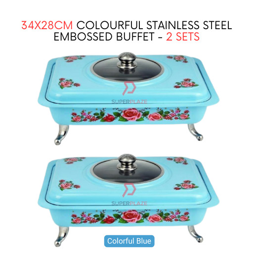 2 Sets Blue Straight 34x28cm Colorful Stainless Steel Embossed Buffet Food Pan Catering Food Serving Tray