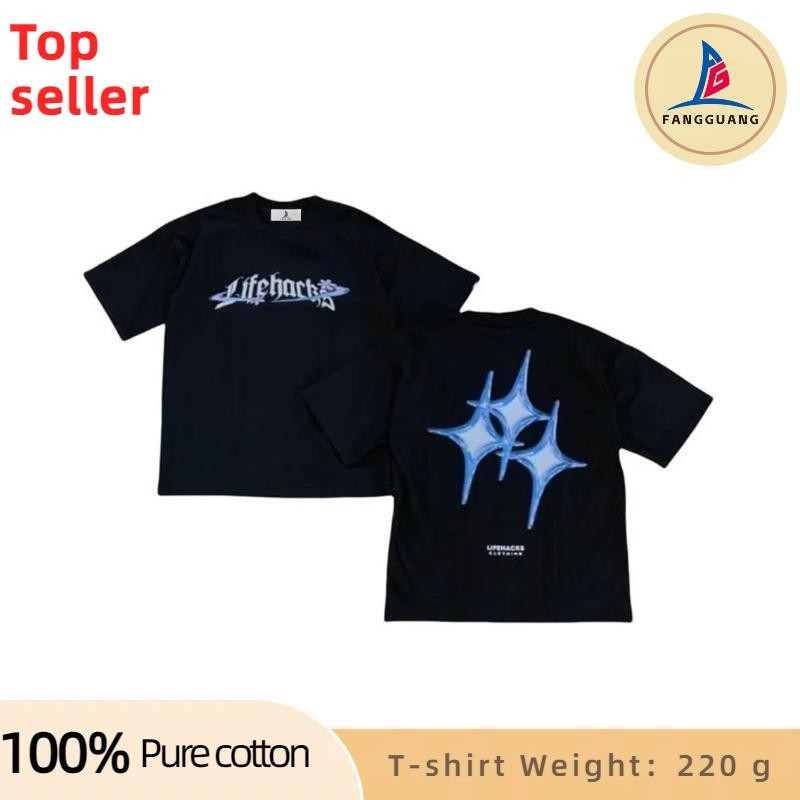 Lifehacks T-Shirt Oversized Unisex Lengan Pendek Streetwear Harajuku Retro Hip-Hop Baju Trendy