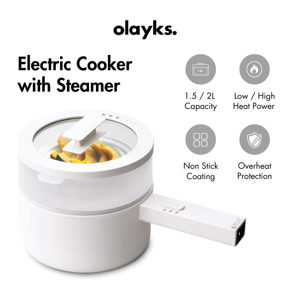 Olayks 1.5L 2L Electric Cooker with Steamer Non Stick Pot Multi-Function Electric Cooker Fried Steam Hot Pot 多功能电煮锅