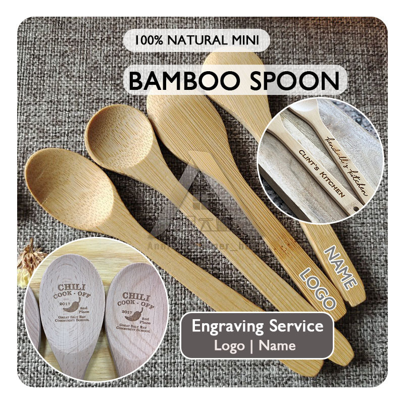 【】Engrave logo service❗️Sudu Kayu Bamboo Wooden Spoon Kitchen Utensils Dessert Honey Cooking Tools Soup-Teaspoonas