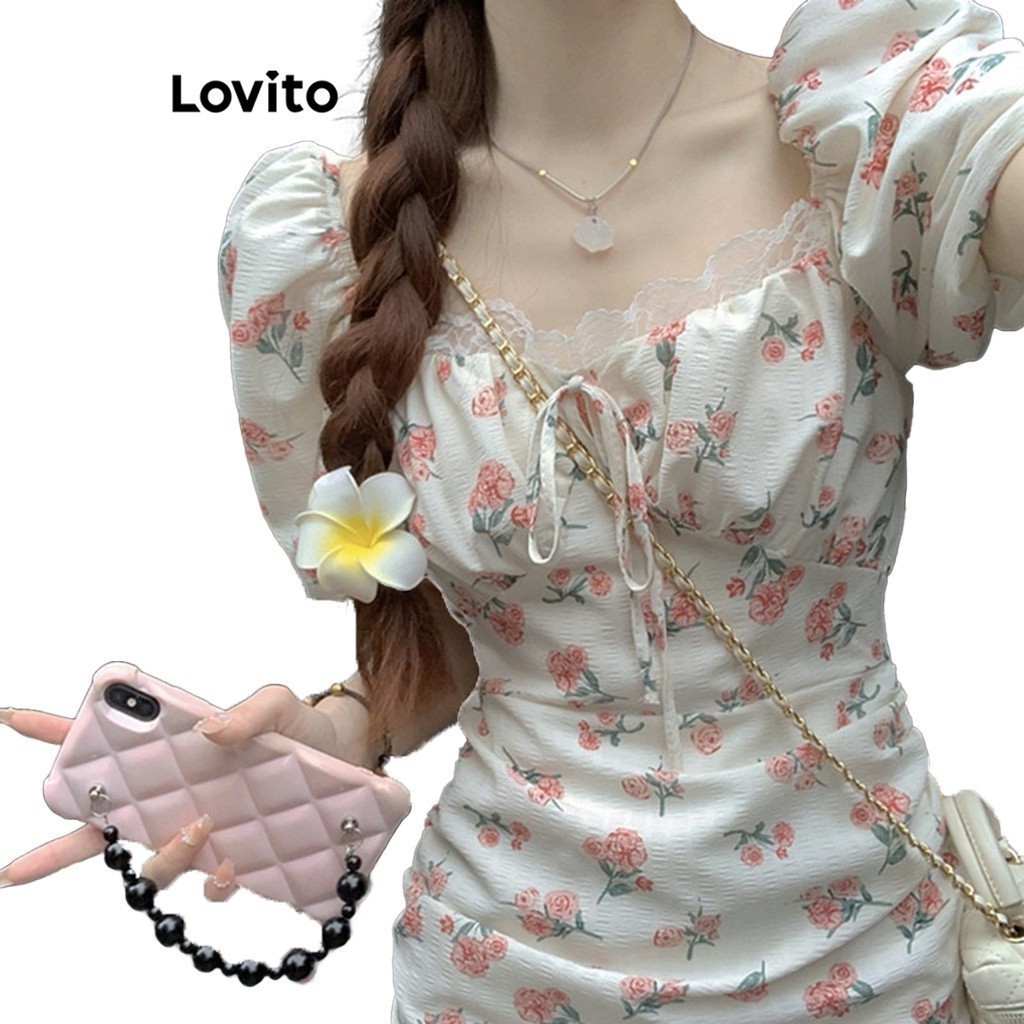 Lovito Boho Floral Ruched Lace Puff Sleeve Dress for Women LNE13089 (Multi-Color) Lovito Gaun Lengan Gembung Renda Boho Bunga Kerut untuk Wanita